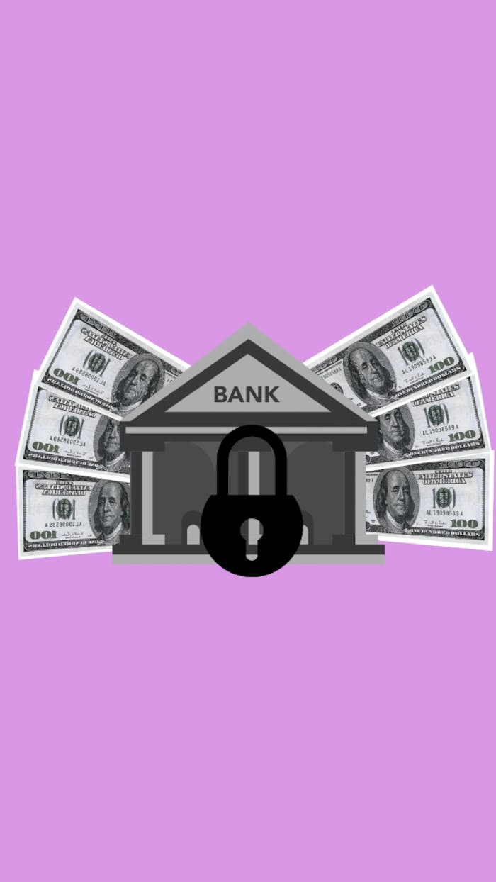 Isometric image of big lock placed on bank and cash image on purple background